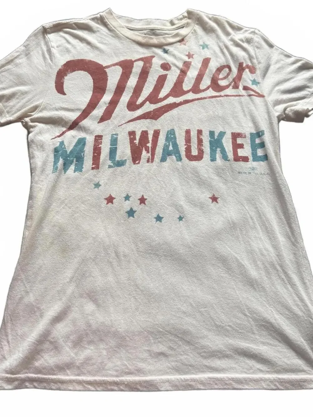 Lancaster Vintage Miller Lite Milwaukee Cream Reverse Print Tee Shirt M